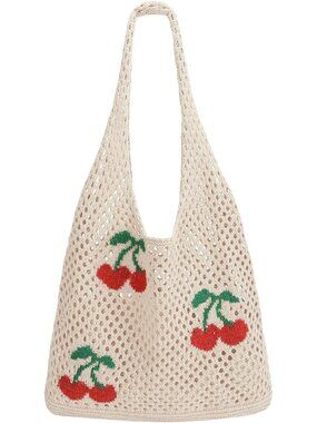 Women's Cherry Beige Summer Vacation Aesthetic Knit Boho Mesh Beach Tote Bag